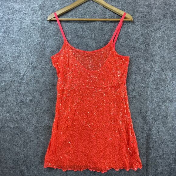 Intimately Free People Cami Dress Womens Large Neon Coral Sequin Mesh Fairy - Picture 1 of 7